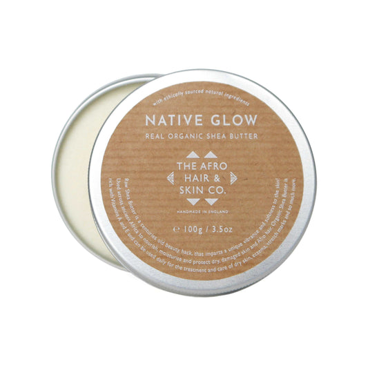 NATIVE GLOW - Real Organic Shea Butter in aluminium jar partially opened. Body butter for black skin. Best skincare products for black skin